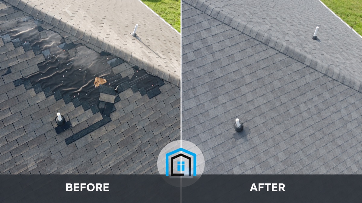 The same roof before and after replacement by First Choice Roofing