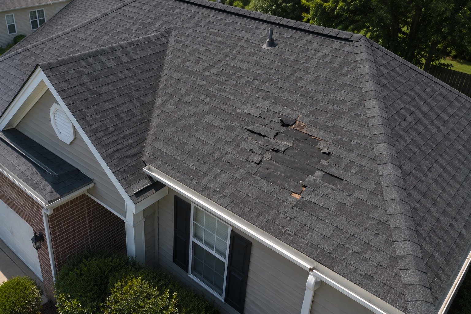 Drone photograph showing lifted and missing shingles on a residential roof